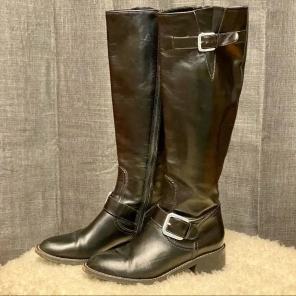Cole Haan blk leather riding‎ boots w/ vibram soles